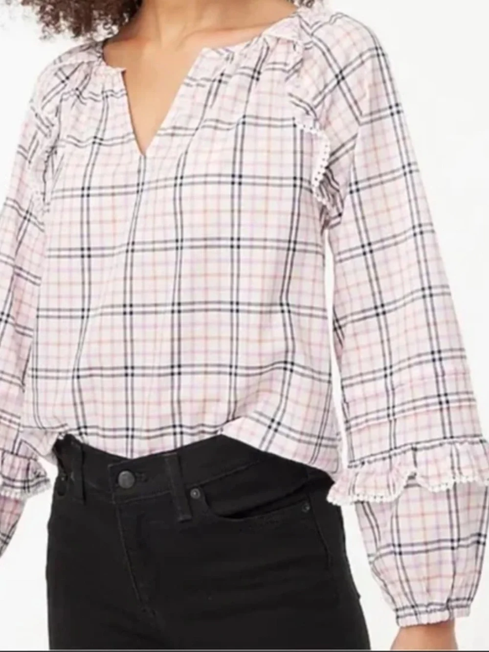 J. Crew Cotton Pink & Navy Plaid Ruffle Lace Trim Peasant Boho Top Blouse Sz L